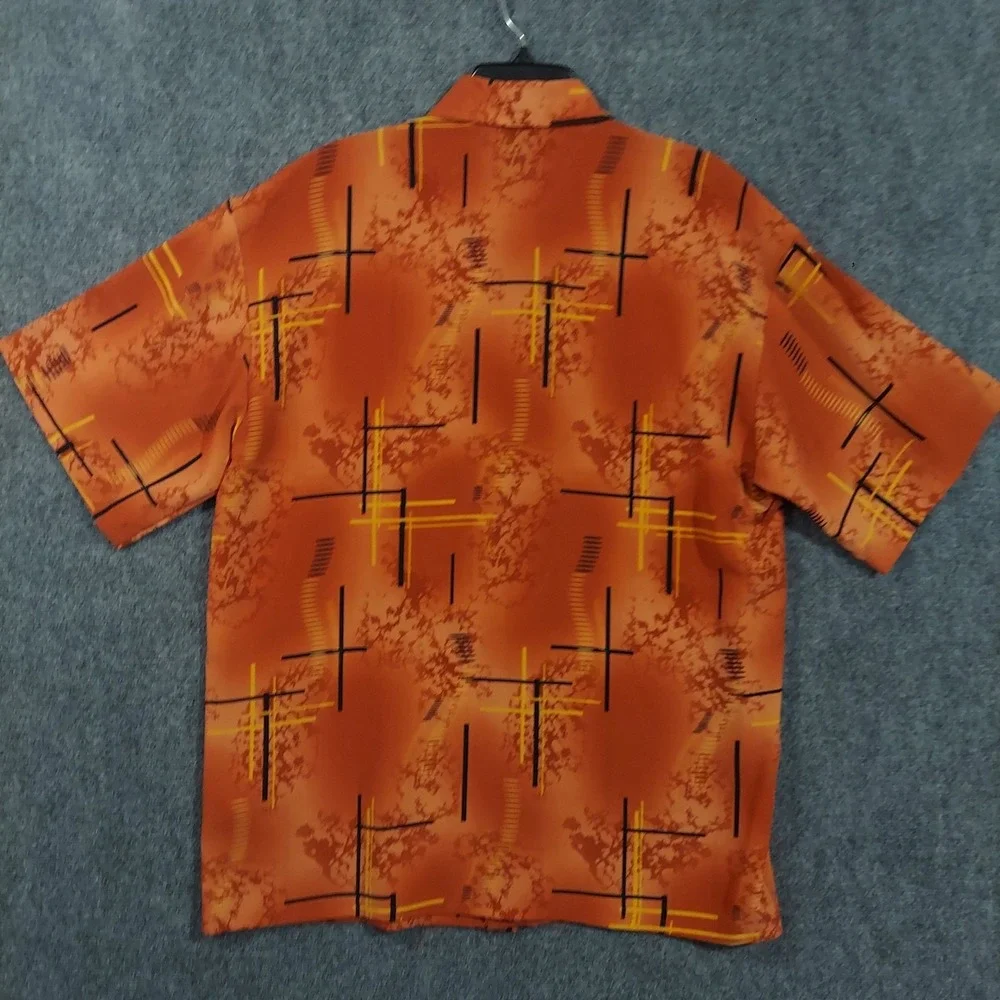 Monzini Shirt Mens Large Orange‎ Geometric Print Short Sleeve Button Up USA